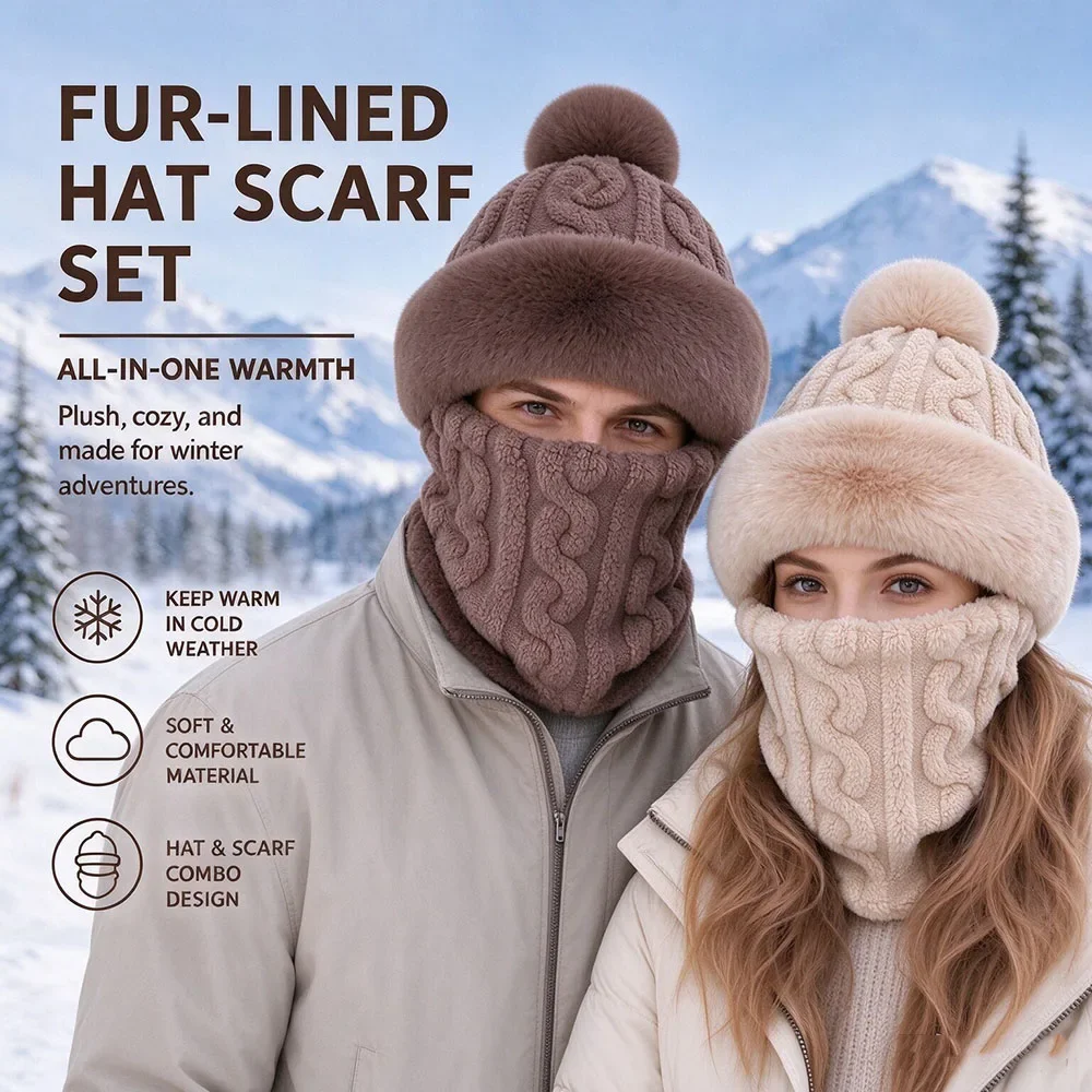 Women's Winter Scarf Hooded Hat Set Plush Neck Warm Outdoor Skiing Caps Windproof Thick Fluffy Beanies for Russia Climate