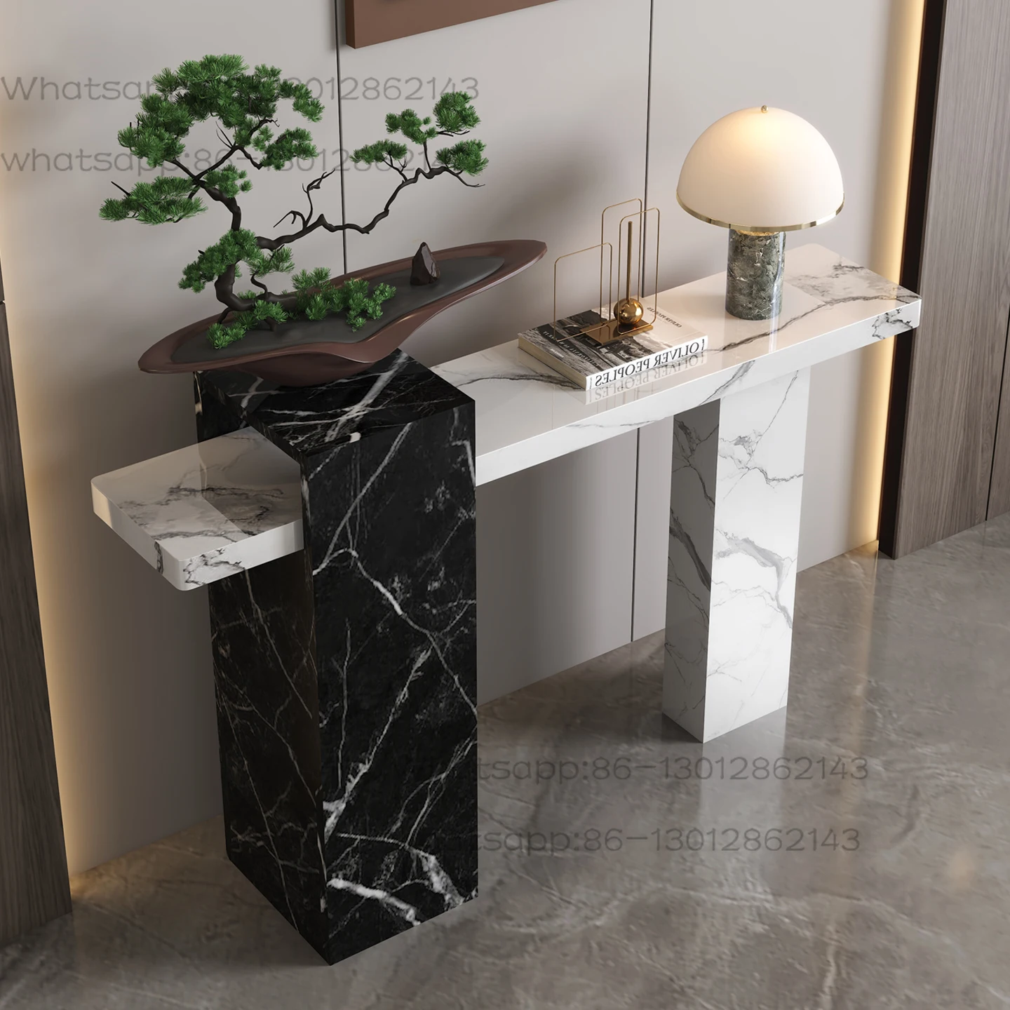 Console décorative en bois gris, plateau en marbre, utilisée pour l'entrée, décoration d'entrée, table d'entrée murale en bois massif