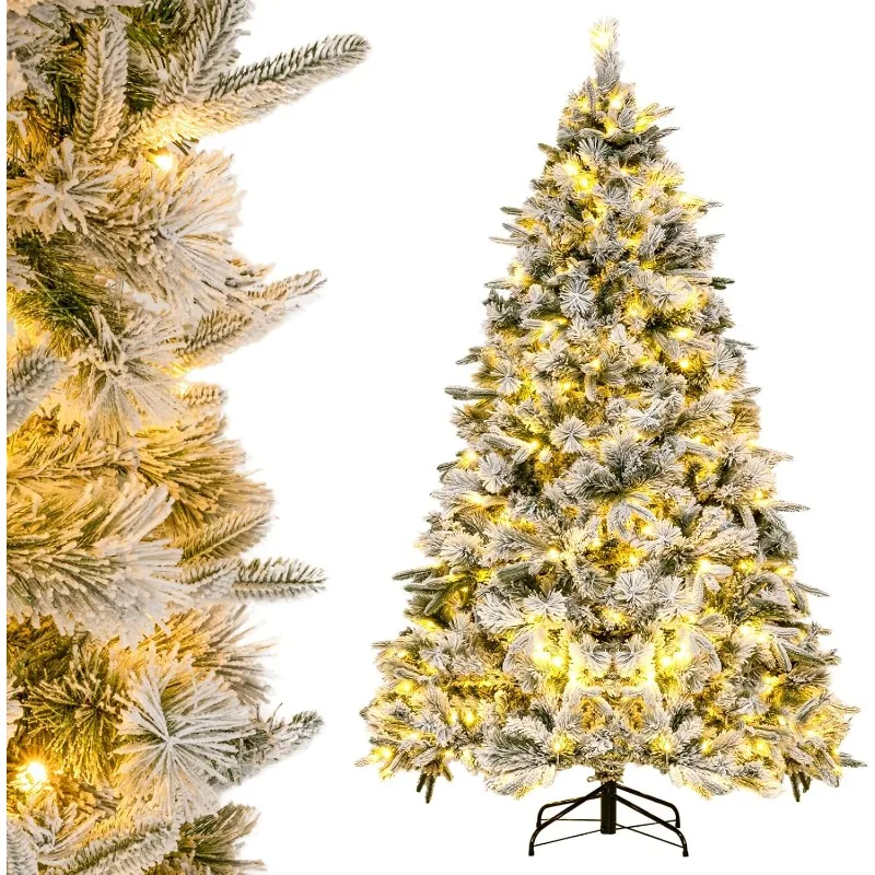 

7ft Pre-Lit Snow Flocked Artificial Christmas Tree, Hinged Xmas Tree with 300 Warm-White LED Lights, 1096 Branch Tips