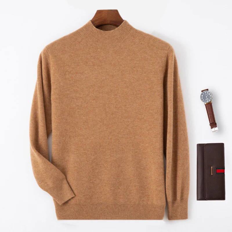 Autumn And Winter New 100% Wool Men's Semi-Turtle Sweater Neck Loose Pullover Knitted Bottoming Shirt Top