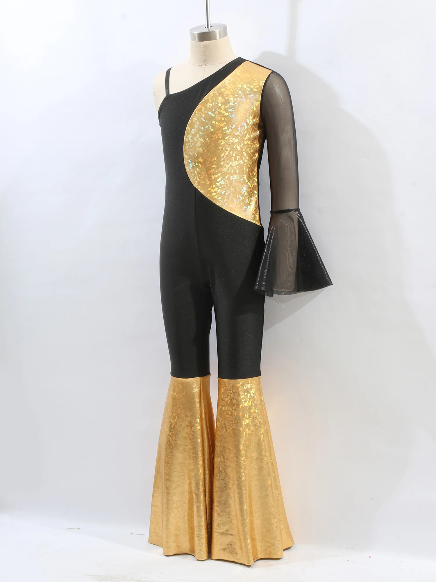 Kids Girls Disco Flares Children Singer Hip Hop Dance Jumpsuits Single Shoulder Strap RuffledJumpsuit Stage Performance Costume