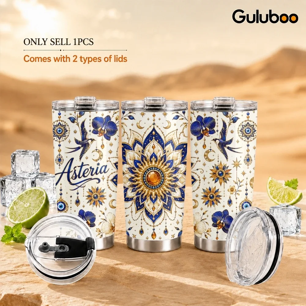 Luxury Boho Evil Eye Mandala Vacuum Flasks 20oz Stainless Steel Insulated Tumbler Double Wall Cup with 2 Lids Straw Travel Mug