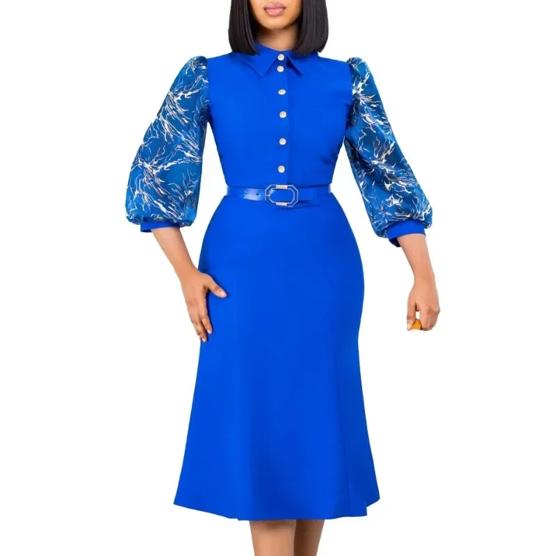 Patchwork Button Midi Dress African Dress for Women Sexy Daily Elegant Long Bodycon Dresses With Belt Robe Femme African Clothes