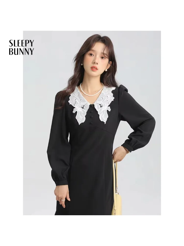 

Women Elegant Vintage Black Dress Hepburn Style Embroidered Lace Collar High Waist Slim Fit Mermaid Long Dress Spring Fashion