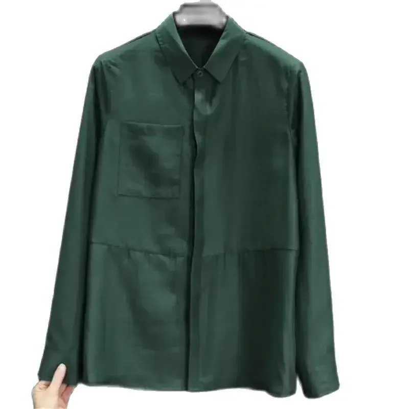 Dark Green Tencel Shirt for Women Autumn High-end Long Sleeve Polo-neck Blouse Pocket Loose Patchwork Tops Office