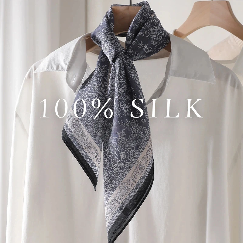 

2026 Pure silk women's scarf Spain style bohemian ethnic blue paisley neck scarf women neckerchief summer accessory