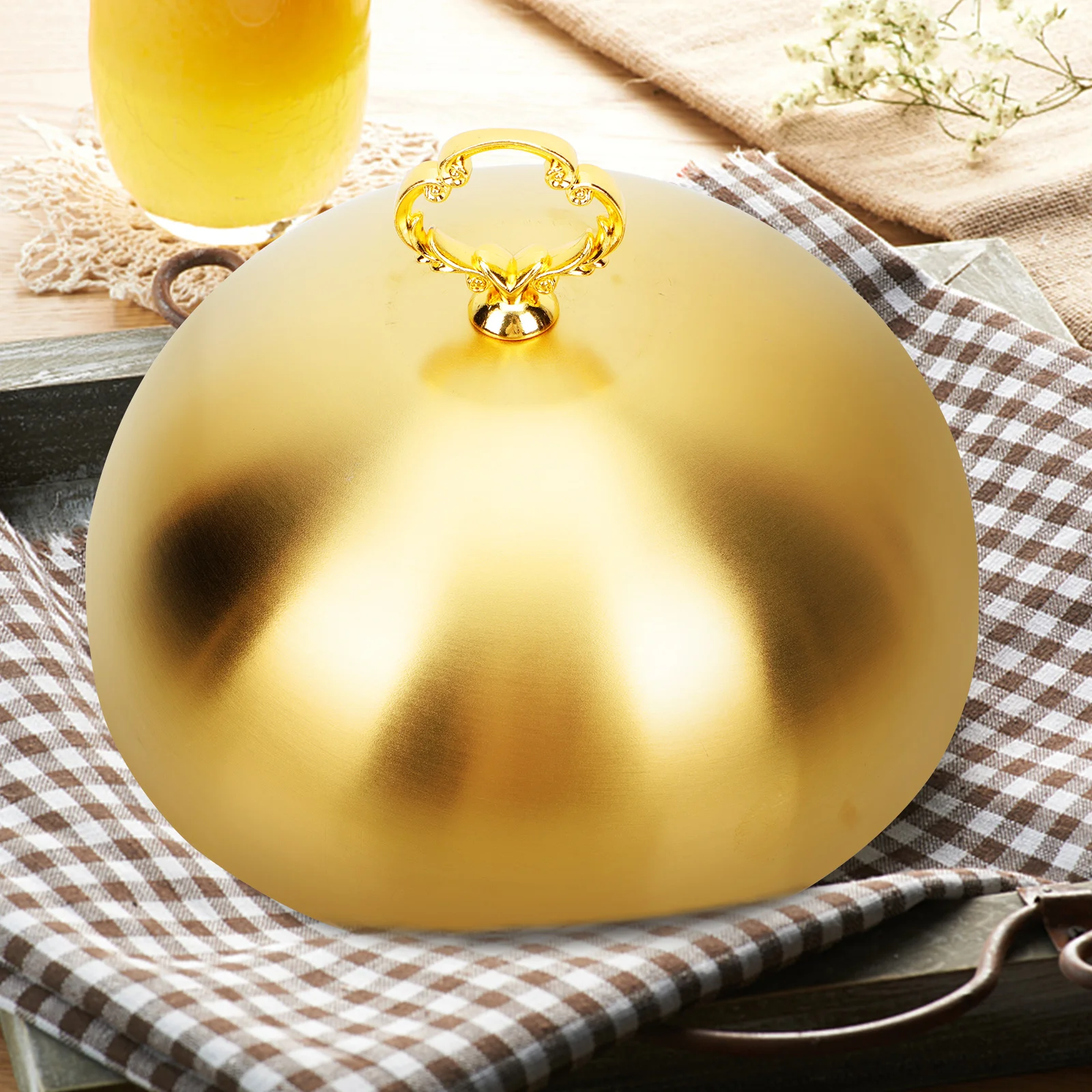 

Stainless Steel Steak Cover Dome Shaped Food Protector Kitchen Gadget Cloche Grill Plate Golden Color Strong Edge Design