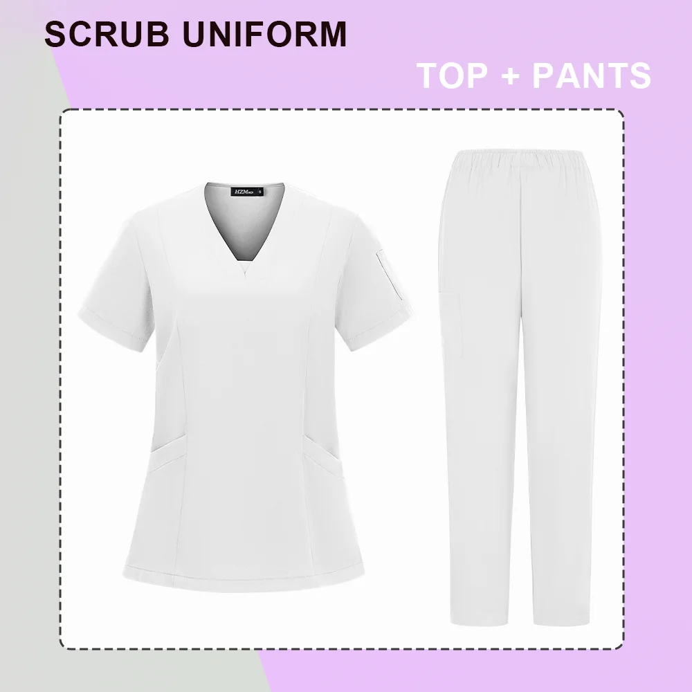 Nursing Articles Surgical Uniforms Woman Women's Pajamas Clinical Uniform Nurse  Hospital White Top Pants Set with Pockets