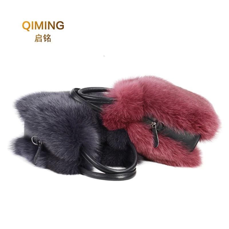 Women Real Fox Fur Bag Ladies Hand Tote Crossbody Bags for Genuine Leather Design Shoulder Bag Cowhide Fashion Ladies Handbags