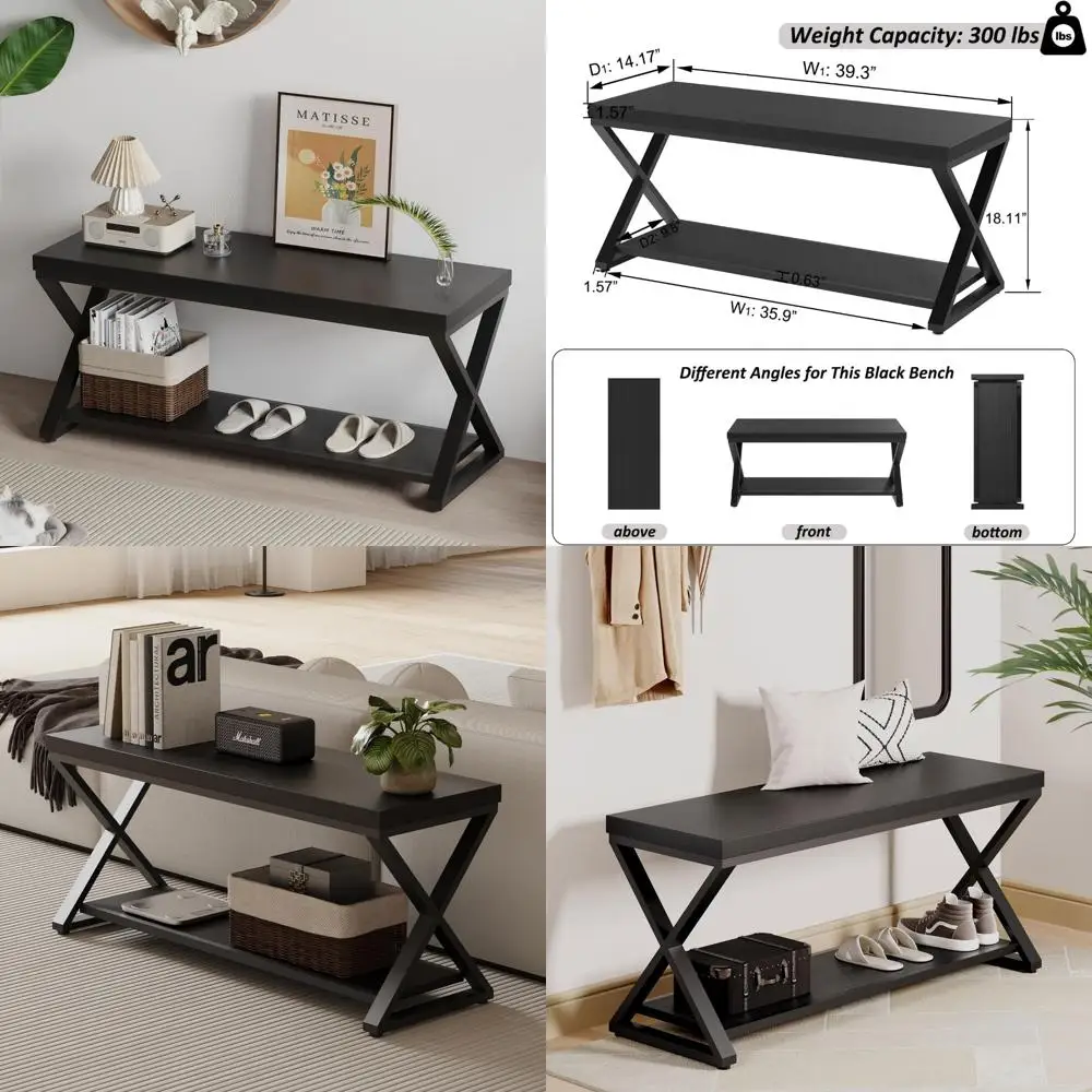 モダンなファームハウス風シューズ収納ベンチ、玄関、寝室、廊下、ホール用 - ブラックウッド製ホームオーガナイザー、玄関用シューズ収納付き
