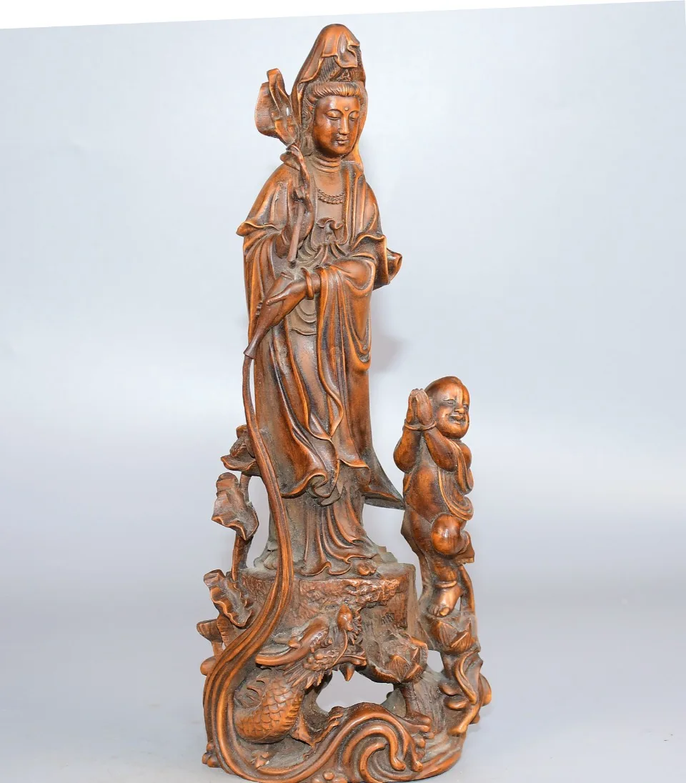 Tibetan Temple Collection Old Boxwood child Sending off the Child Guanyin Station Buddha Amitabha Buddha