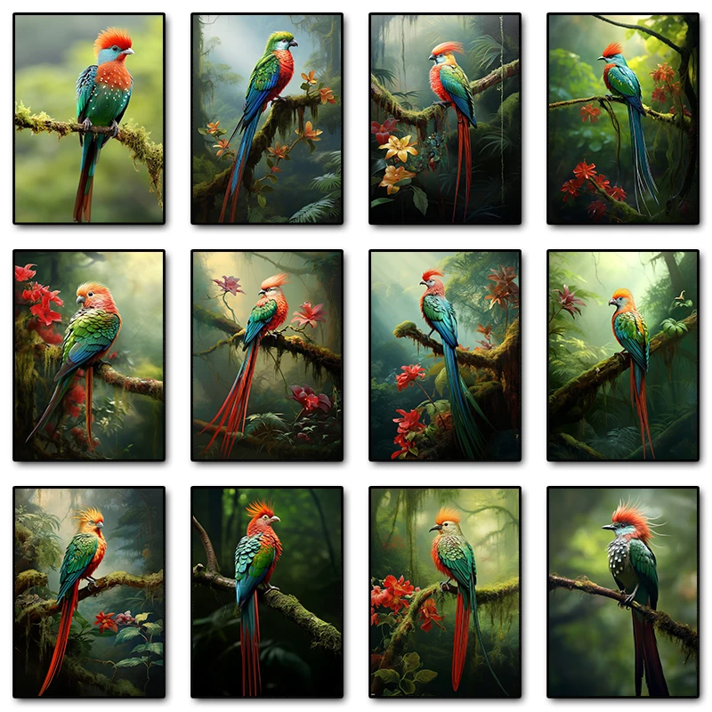 Tropical Jungle Bird Animal Resplendent Quetzal Posters and Prints Canvas Painting Wall Art Picture for Living Room Home Decor