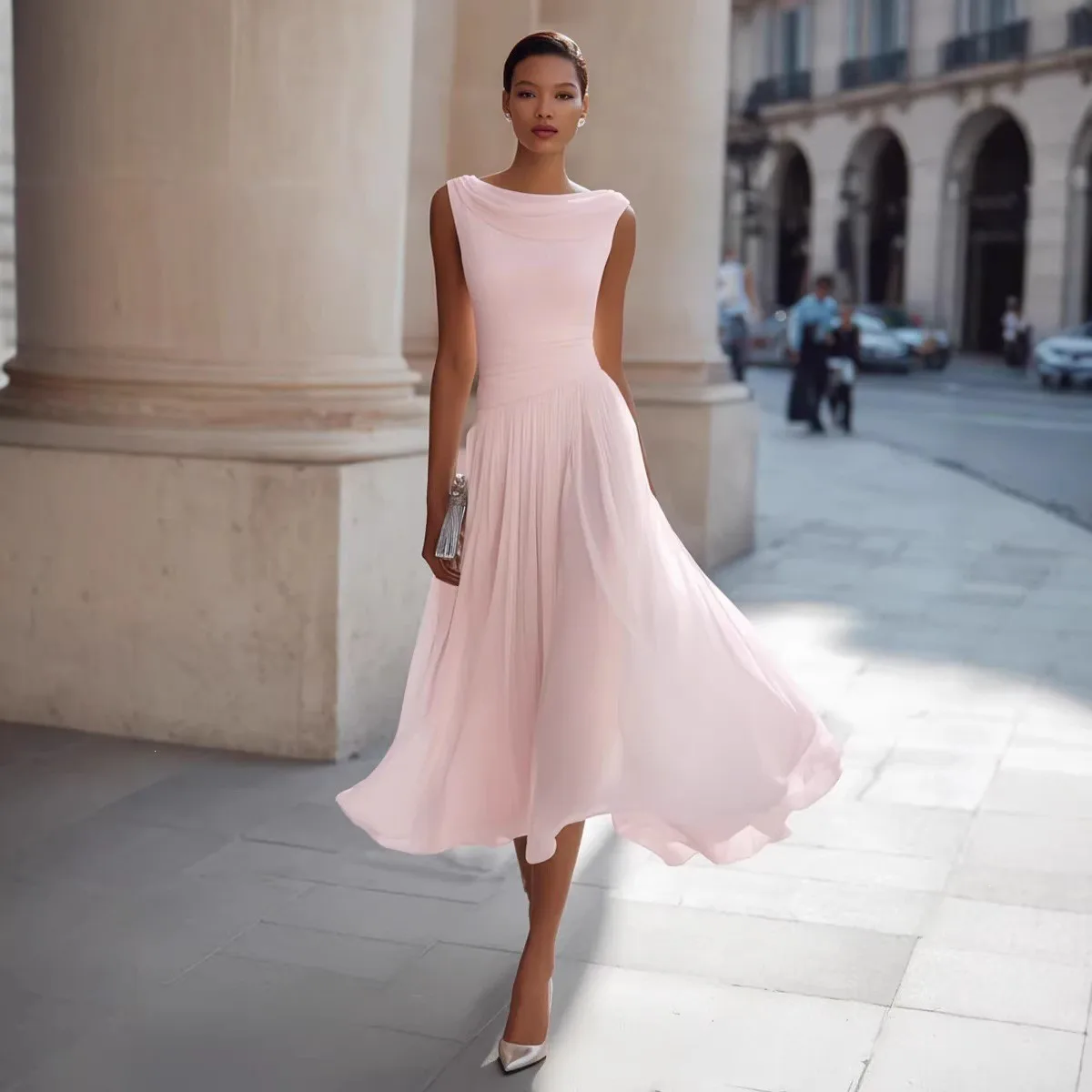 Pleated a Line Dress Japanese Korean Casual with Slim Fit Midi Length No Button Closure Sleeveless Spring Women Casual Dresses