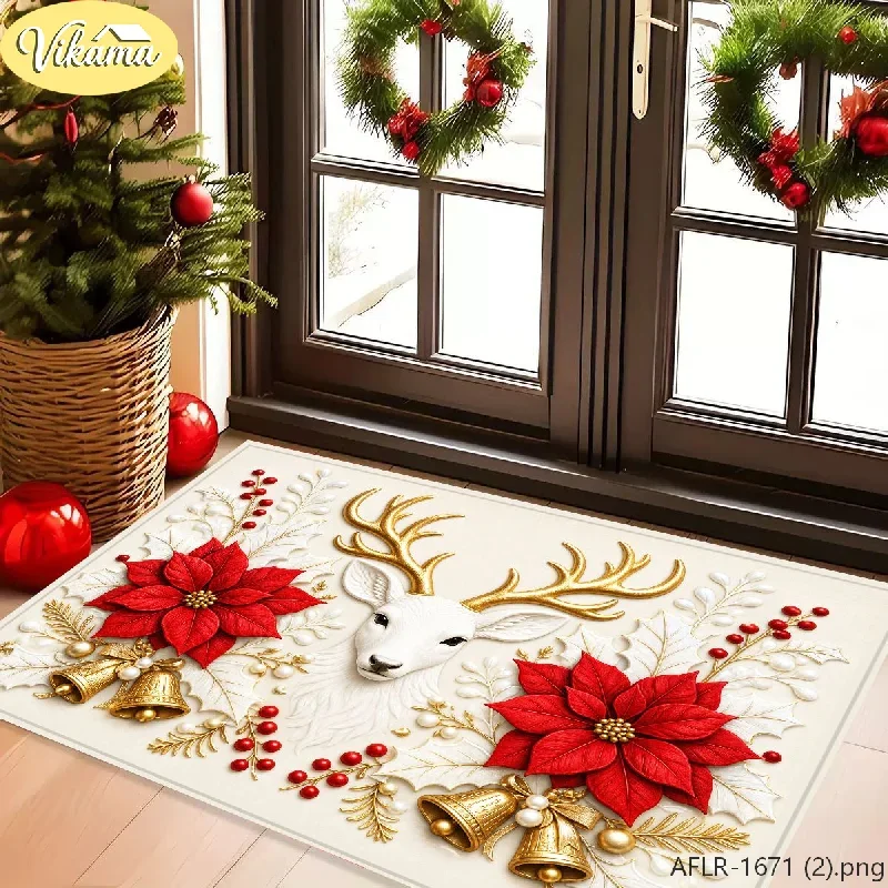 VIKAMA 3D Deer Head Poinsettia Bell Christmas Christmas Welcome Rug Entryway Mat Non Slip Front Door Outdoor Decorations