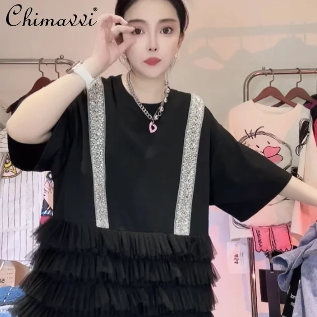 オリジナル新作ヘビーインダストリーレーススプライシング半袖ルーズTシャツワンピースラウンドネックレディースルーズロングTシャツ