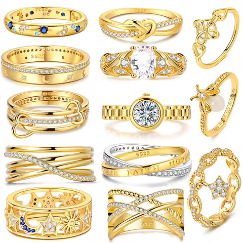 Original 925 Sterling Silver Ring Golden Stars Moon Heart Zircon Finger Ring For Women Jewelry Wedding Engagement Birthday Gift