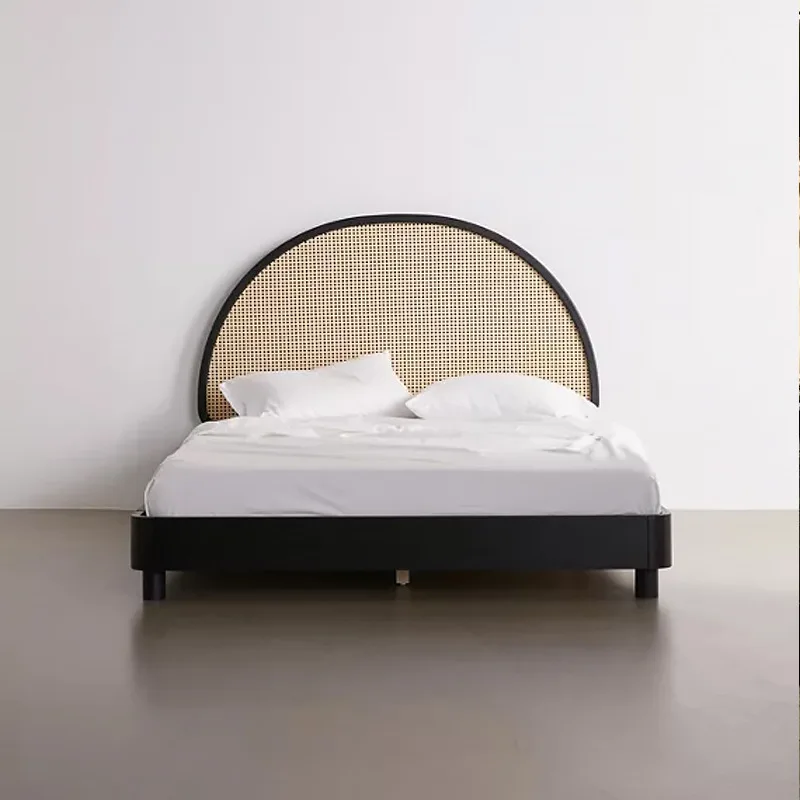 

Nordic solid wood bed retro rattan bed household small apartment double wabi sandy wind designer 1.8 meters master