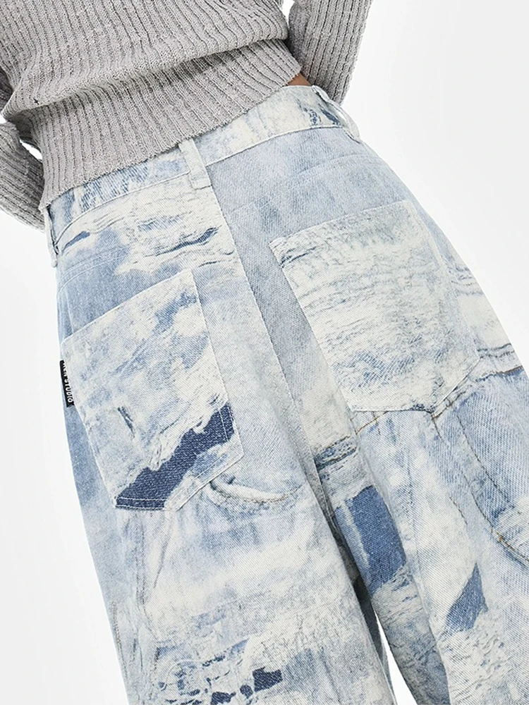 Mueyaruho 2026 primavera verão feminino peruca perna jeans americano tie dye impresso cintura alta solto ajuste calças retas para mulher