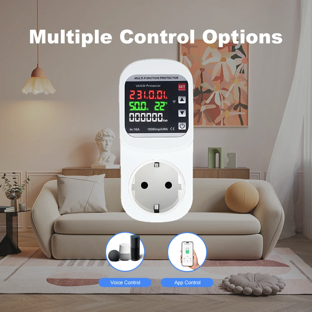 Manhot Tuya Smart WIFI Voltage Protector Socket 16A djustable Digital Display Over Current Over/Under Voltage Protection EU Plug