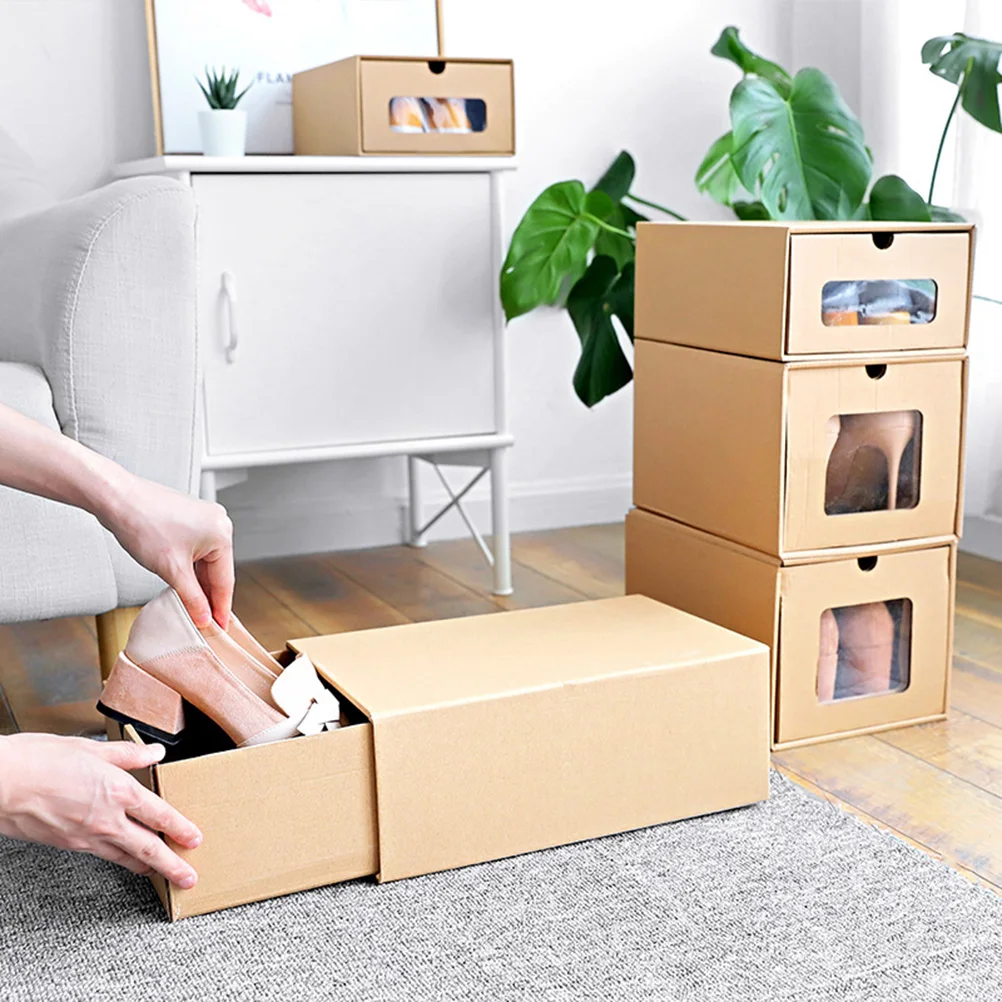 

Drawer Type Shoe Box Storage ganizer Case for Home High Heel Light Brown Stackable Pull Out Thickened Cowhide Paper