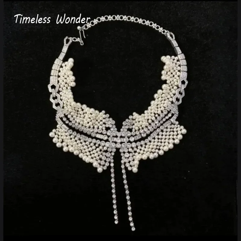 

Timeless Wonder Fancy Zircon Braided Glass Pearl Statement Necklaces for Women Designer Fine Jewelry Runway Rare Handmade 7521