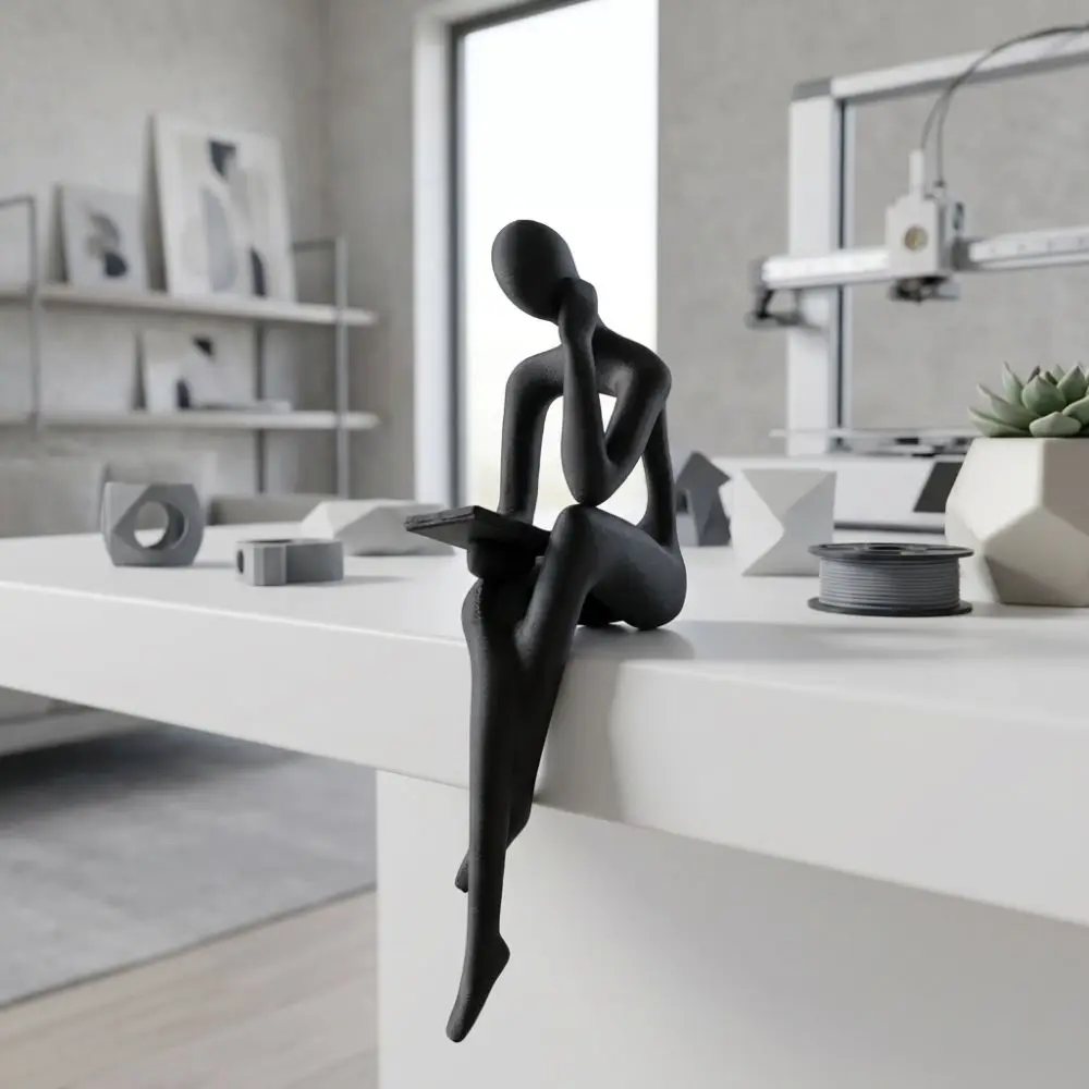 Minimalist Abstract Thinker Sitting Figurine Long Leg Modern Edge Sitter Character Sculpture 3D Printing Aesthetic