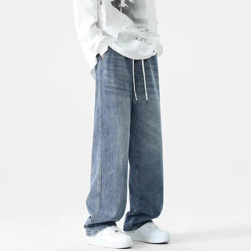Men's Loose Retro Jeans Washed With Spring And Autumn Fashion High Street Wide Leg Straight Leg Casual Trend Blue Pants