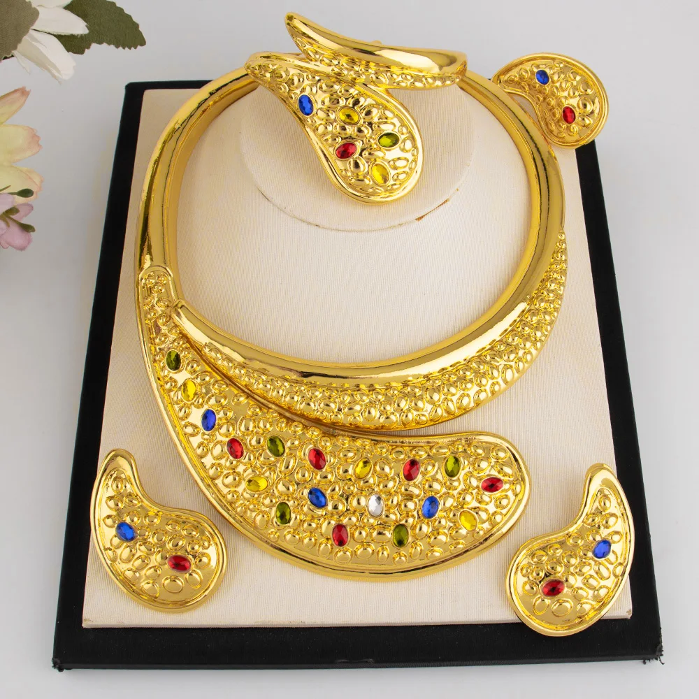 

Italian Gold Plated Jewelry Set Dubai Ladies Necklace Earrings Bracelet Rings New Fashion High Quality Wedding Jewelry Gifts