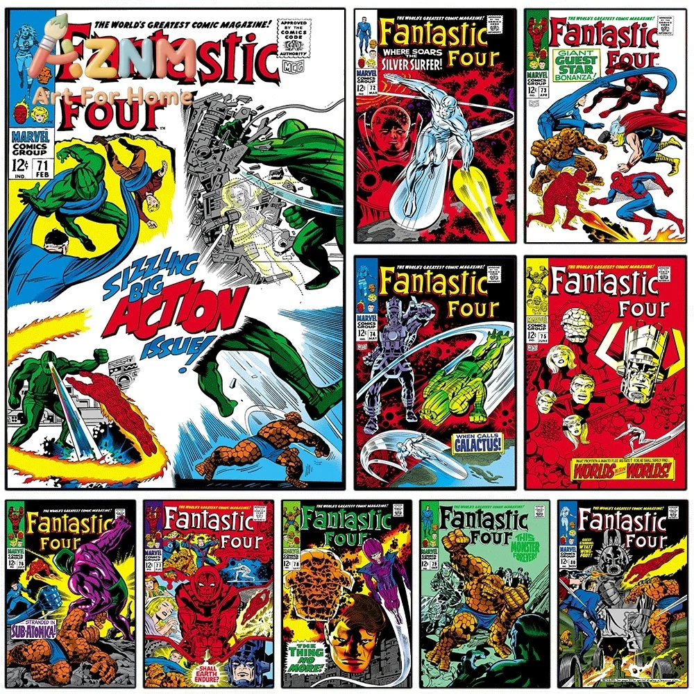 AZNM Fantastic Four Sizzling Big Action Issue Vintage Comic Cover Collage Canvas Wall Art Unframed Print, Superhero Poster for