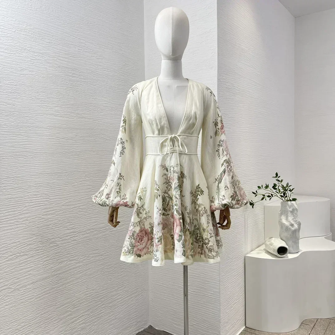 Newest Summer Women High Quality Linen Cream White Floral Print Deep V-neck Long Sleeve Mini Dress