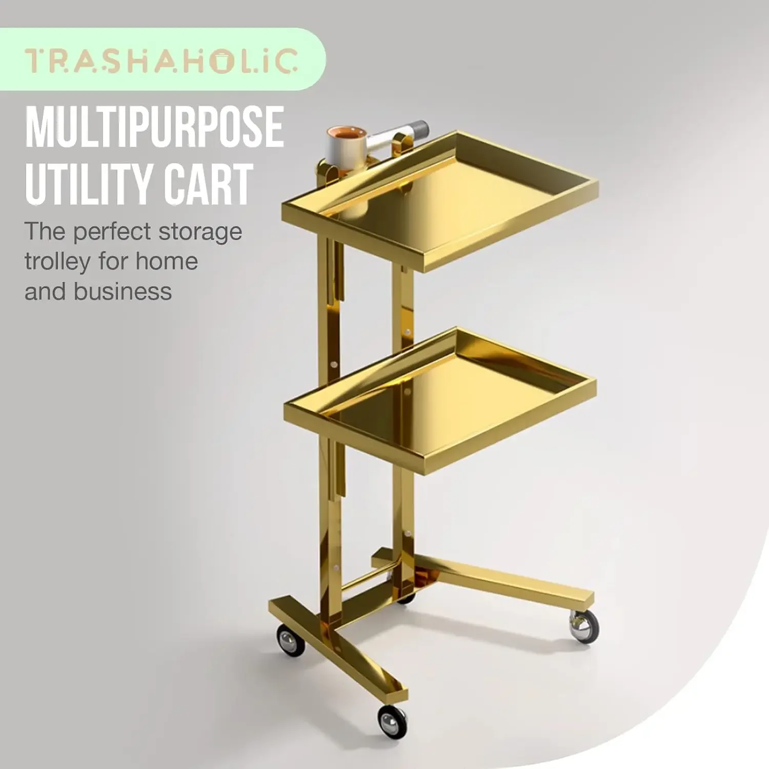 Utility Cart on Wheels - Gold 2-Level Medical Trolley Cart - Mobile Storage Tray Cart for Dental Tools, Cavitation Machine, Salo