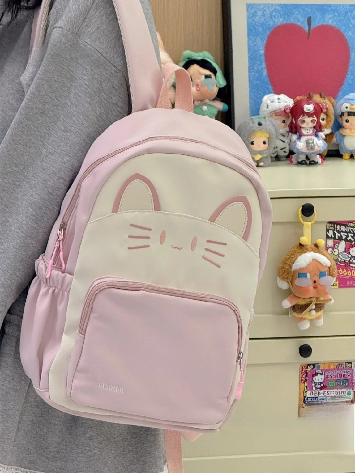 かわいい猫プリントのバックパック-軽量トラベルバッグ-女の子用-学生通勤用スクールバッグ-複数のコンパートメントとジッパー開閉付き
