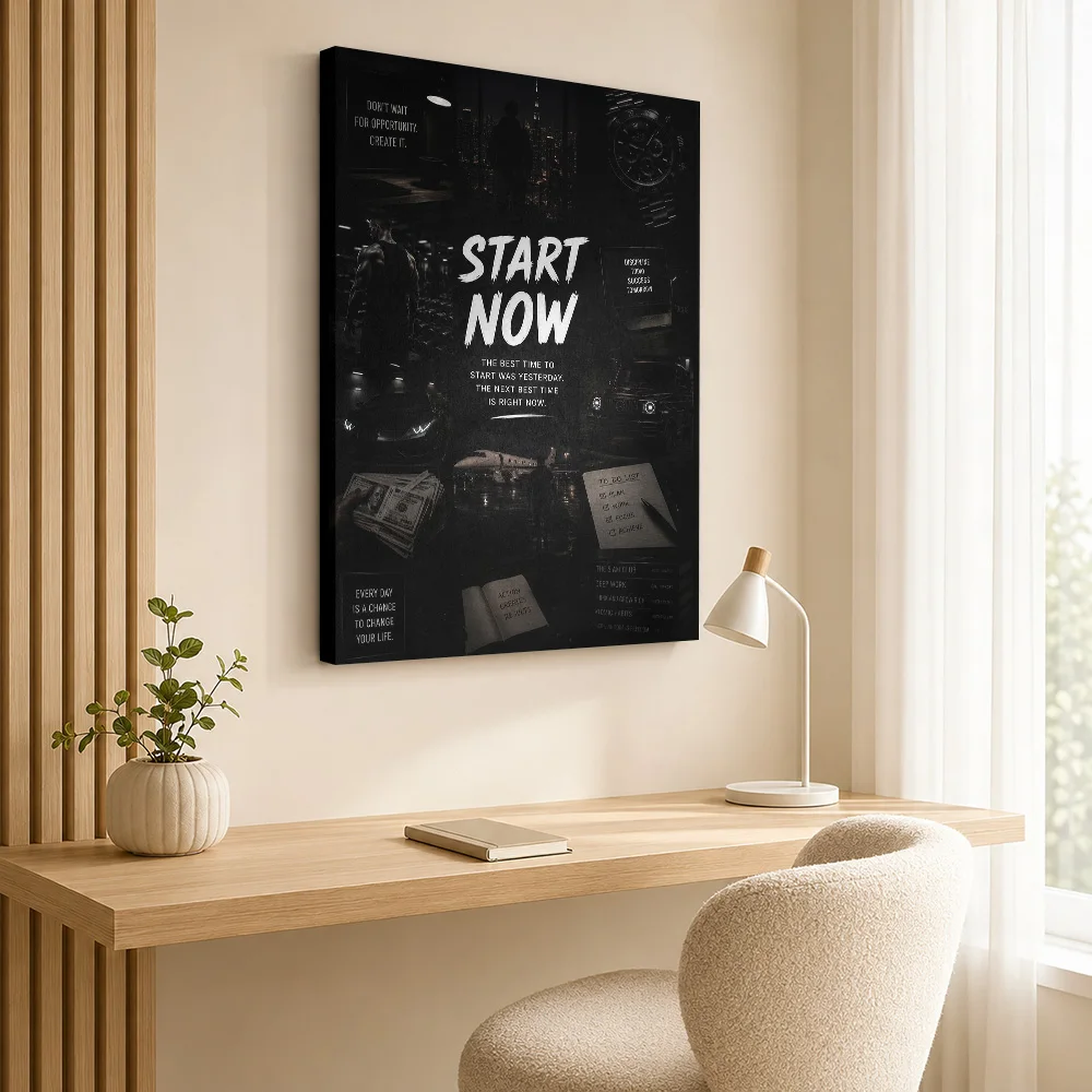 Start Now Motivational Success Collage Framed Canvas Print Personalized Photo Expressive Typography Wall Art For Training Room