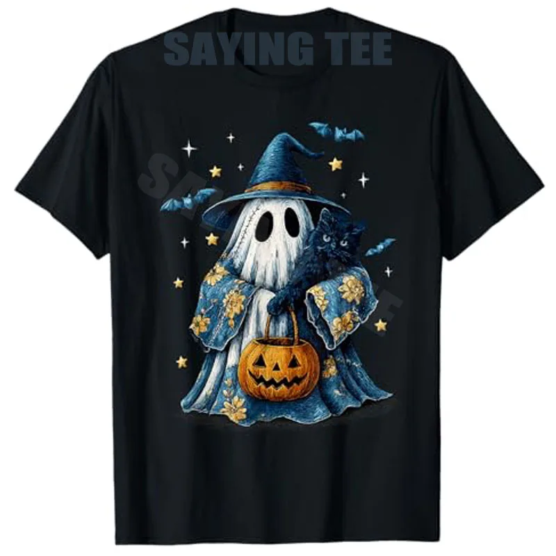 

Vintage Halloween Ghost Witch Holding Black Cat Groovy Floral T-Shirt Y2k Art Aesthetic Clothes Novelty Gift Funny Kitty Tee Top
