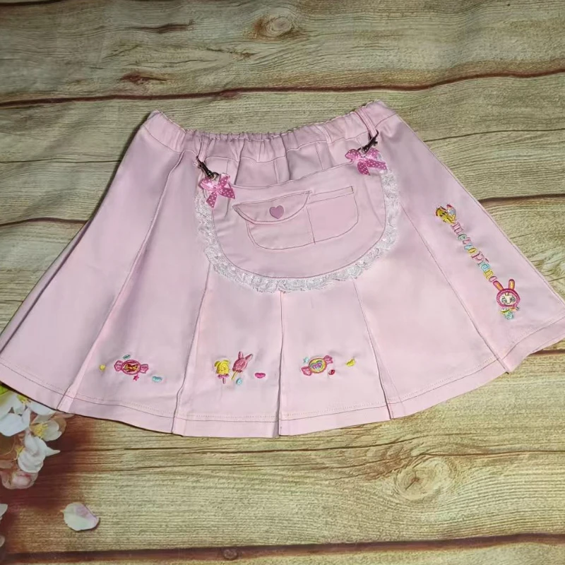 

Pink Sweet Lolita Style Mini Pleated Skirt Women Kawaii Cartoon Embroidery Bow Cake Skirt Y2k Cute Lace Fairy Skirt Faldas Mujer