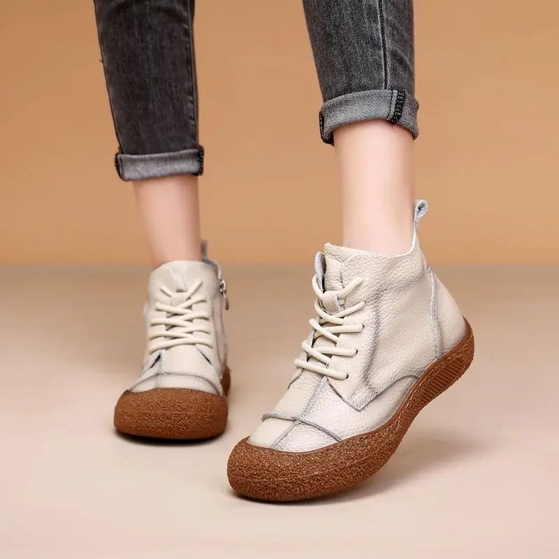 

Handmade real leather boots women's autumn waterproof shoes ladies lace up oxfords woman wide toe ankle boots mom plush booties