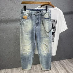 Jeans rasgado masculino com design ornamentado, respirável, tendência de conforto, retrô angustiado, na moda, tudo combina, casual calças cortadas, verão