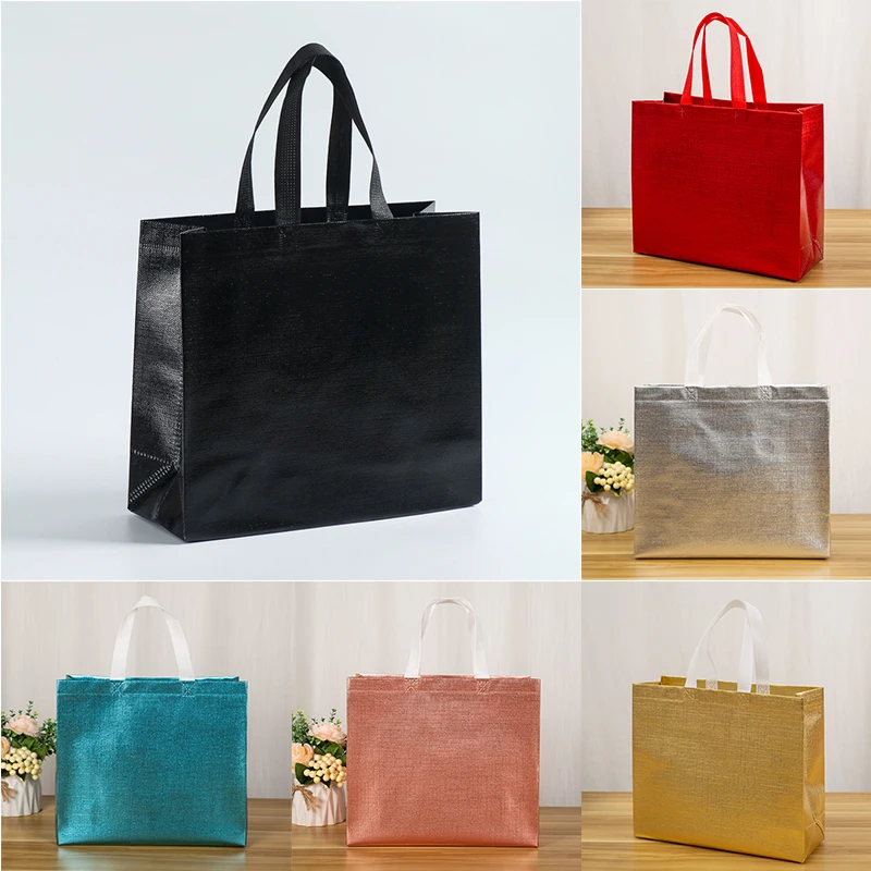 Bolsas de compras no tejidas, bolso de compras reutilizable con láser brillante, bolso de mano con asa, bolsa de regalo con purpurina, paquete de