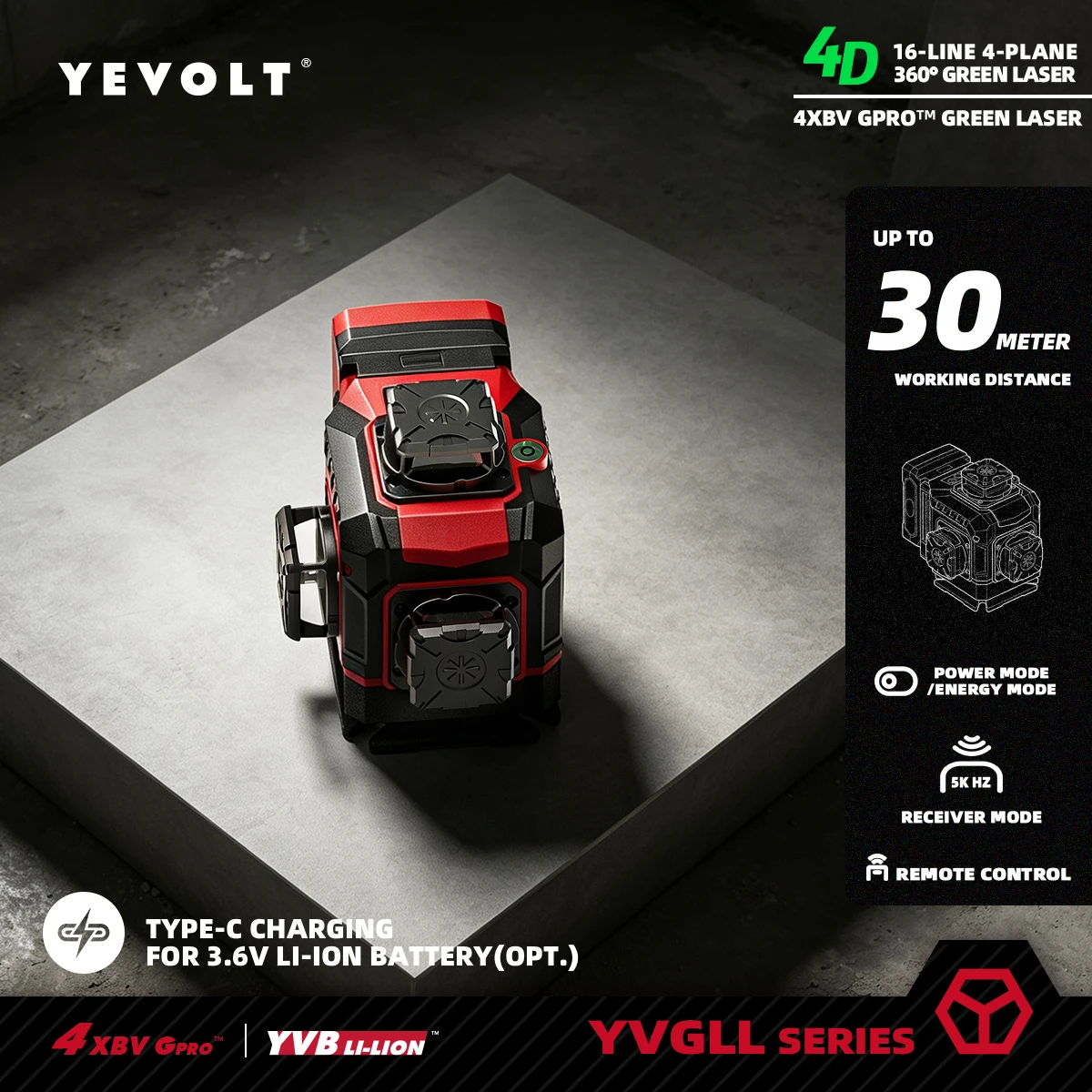 YEVOLT 16 Lignes 4x360 °   Niveau laser à faisceau vert auto-nivelant avec écran tactile en temps réel, outil de nivellement 4D pour la pose murale, le revêtement de sol et le bricolage