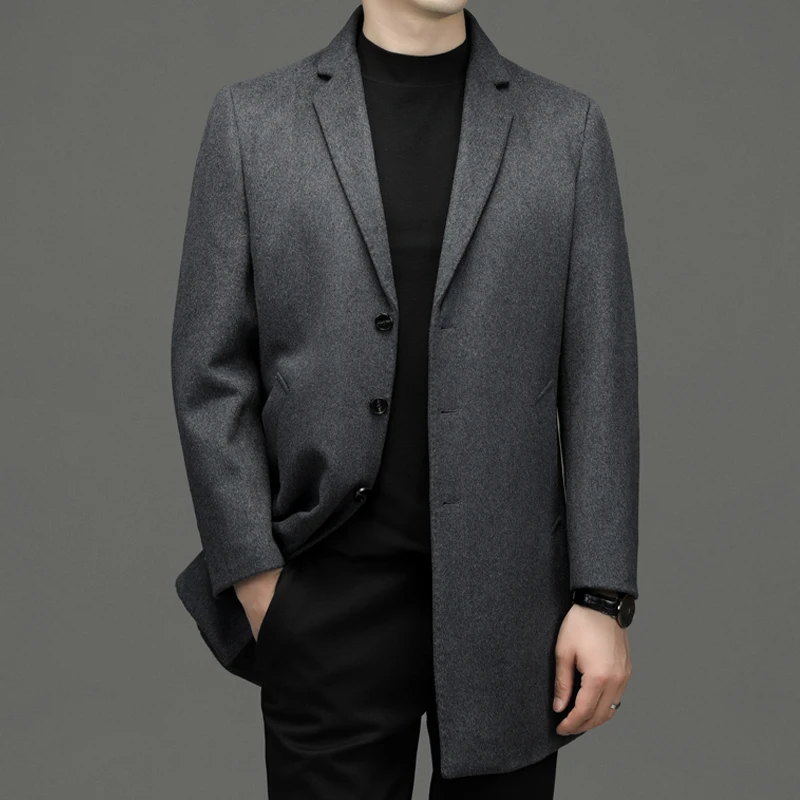 

New Men's Fashion Cashmere Elegant Gentleman Business Solid Color British Style Slim Casual Wool Coat Medium Long Wool Coat