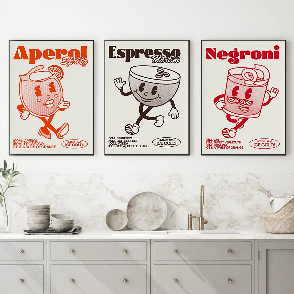 Cóctel De dibujos animados Negroni Espresso Martini bebidas cuadro sobre lienzo para pared carteles e impresiones cuadros De pared para Bar cocina De