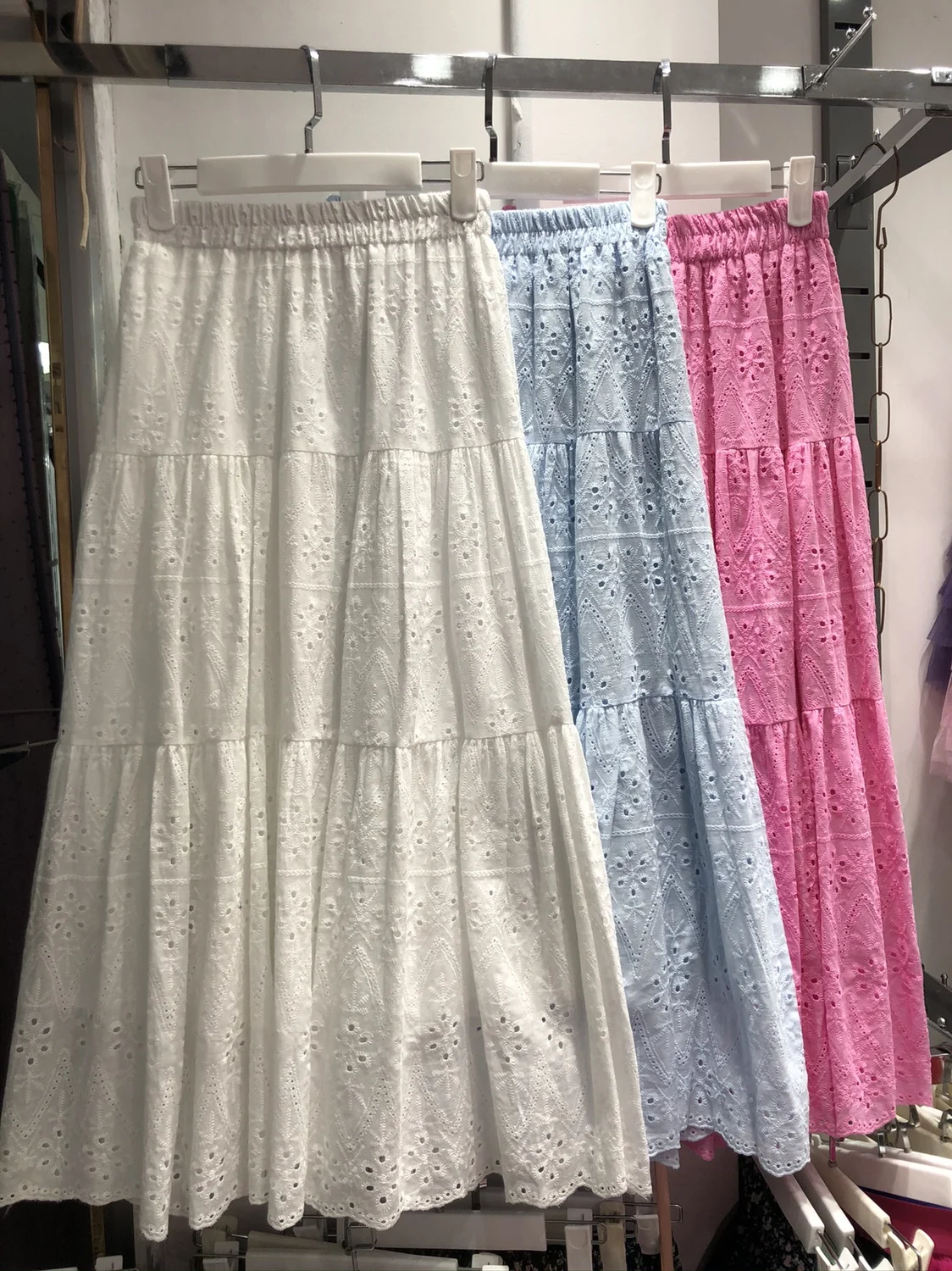Delicate Cotton Lace Embroidery Cake Skirt Midi A-Line Dress Sweet Style Princess Waist Design Pure Color Spring Collection