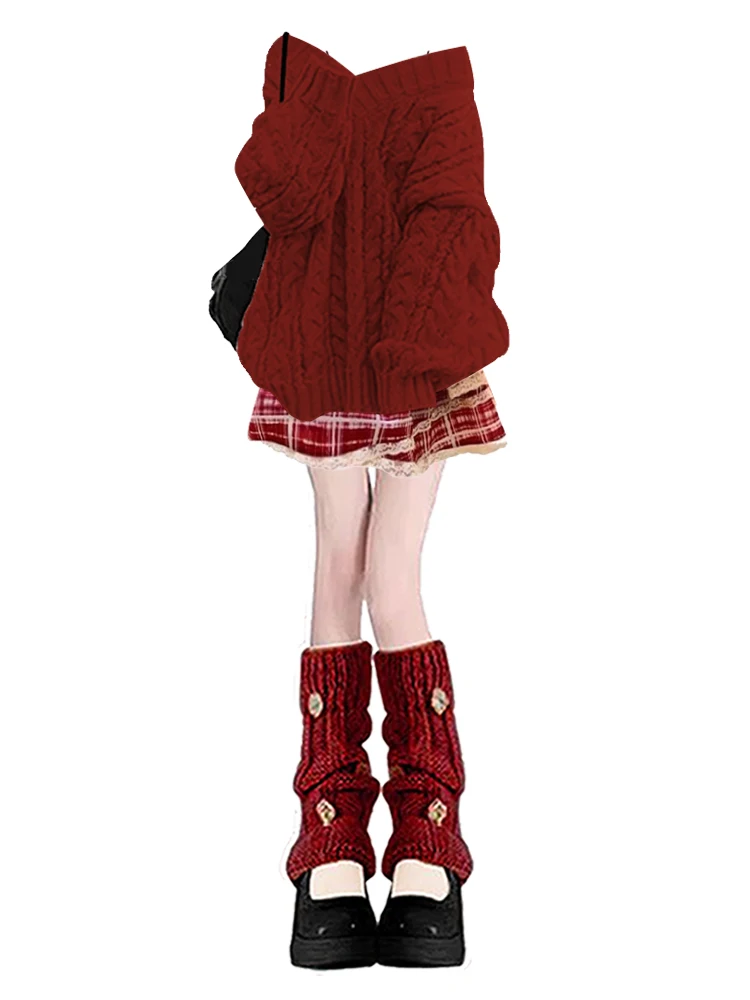 เสื้อไหมพรมถักลายลูกไม้สไตล์หวานๆ ชุดเซ็ตสองชิ้นสำหรับผู้หญิง แฟชั่นลำลองทรงหลวม เสื้อคลุมแขนยาว