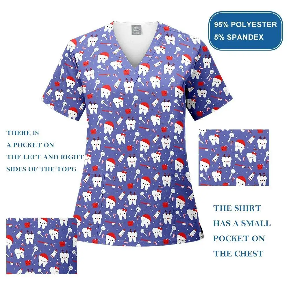 Świąteczny Nadruk Koszulka Damska Męska Strój Roboczy Dentysty Pielęgniarki Uniform Medyczny Koszulka Medyczna Damska Odzież Robocza do Szpitala Dentystycznego