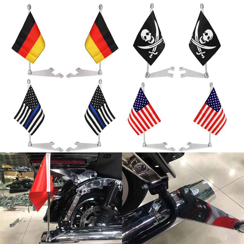 

2Pcs Motorcycle USA Germany Flags Side Mount Luggage Rack Flag Pole Kit For Harley Touring Road King Street Electra Glide FLHT