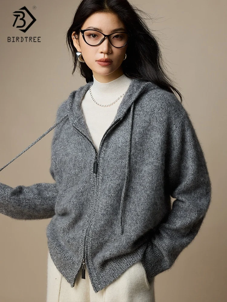 

Birdtree,100% Sheep Wool Zipper Hooded Cardigan,Woman Plush Knitted Drawstring Sweaters,2025 Fall/Winter Tops,Grey T5O827JF