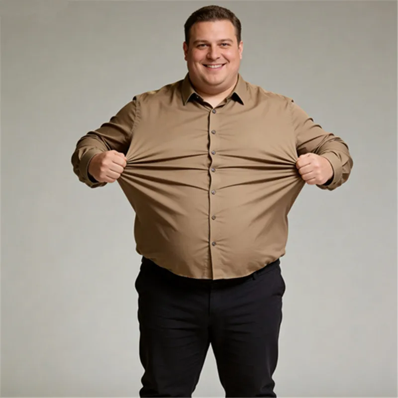 Men Stretch Dress Shirt Solid Khaki Long Sleeve Business Casual Slim Fit Button Down Office Plus Size 5XL 130KG Non-iron Shirt