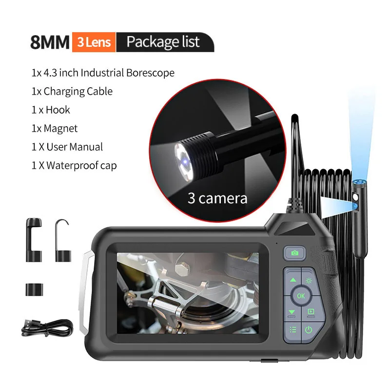 SYANSPAN Endoscope Camera8mm HD1080P 4.3inch Screen Waterproof IP67 8 LED Light Inspection Borescope for Pipe Car Repair