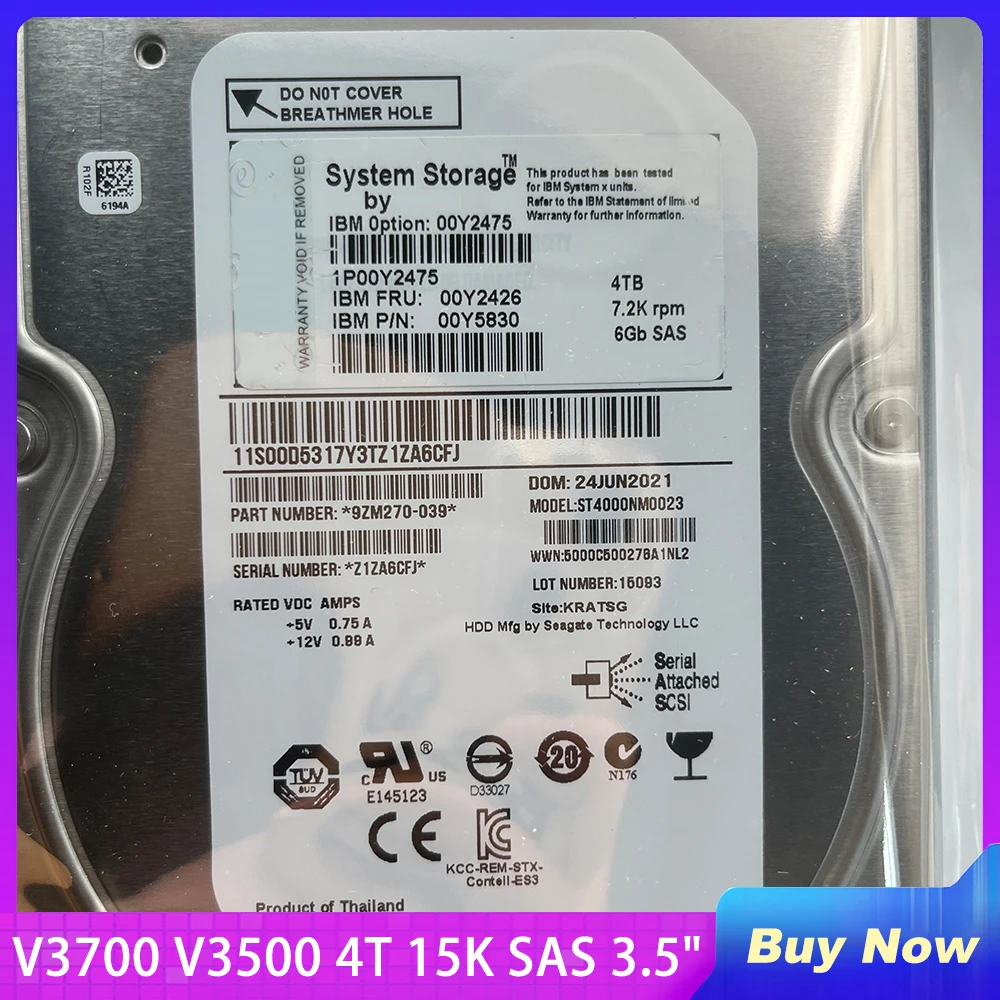 1PCS 00MJ129 00Y2426 00Y2475 HDD For IBM Hard Disk V3700 V3500 4T 15K SAS 3.5