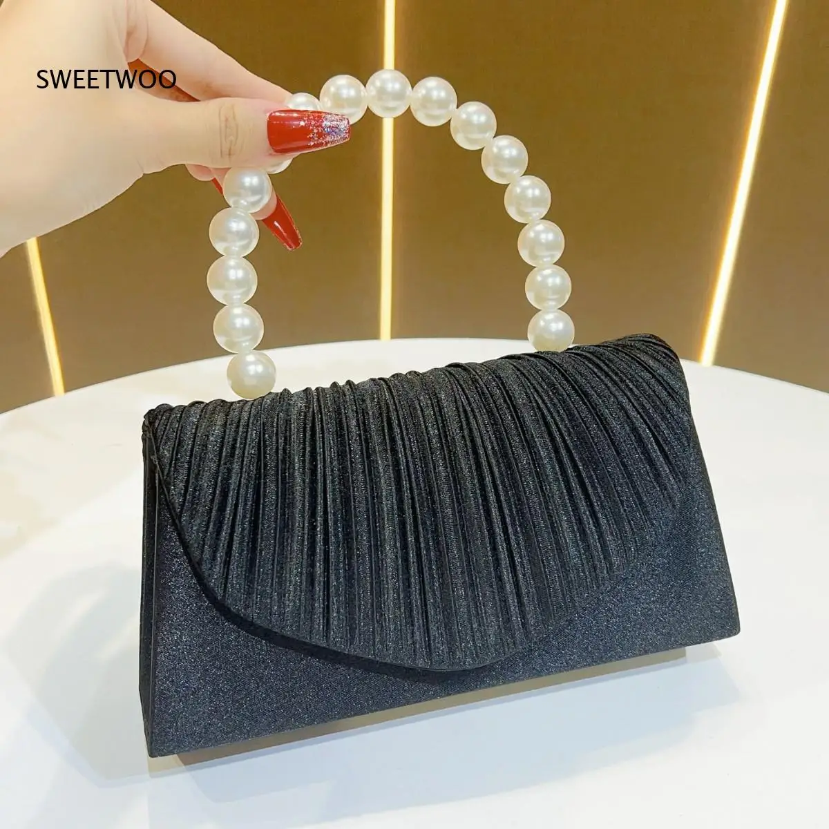 2026 Pleated Satin Fabric Evening Clutch Bag Round Pearl Hand Strap Solid Beige Black Silver Wedding Dating Small Shoulder Purse view 5